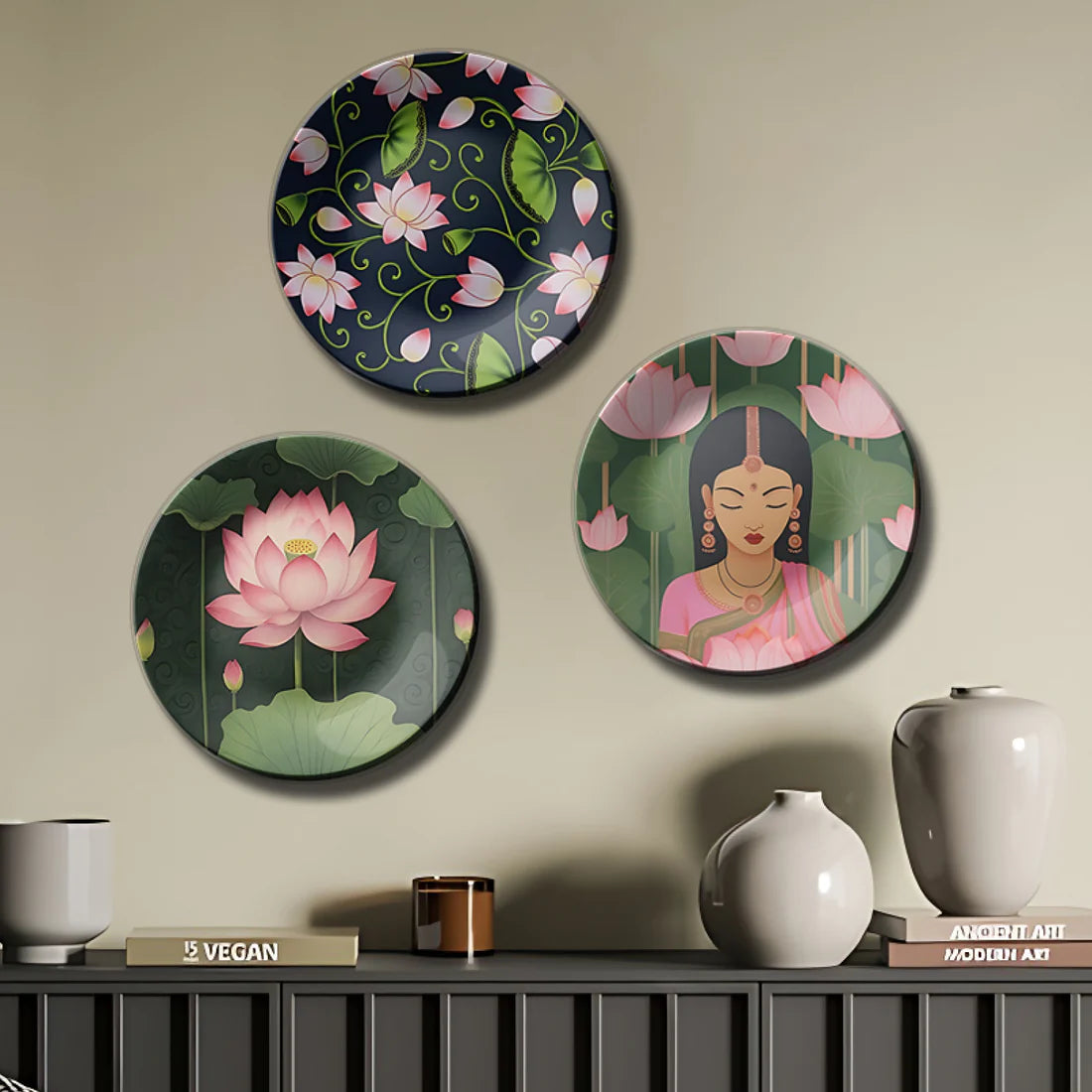 Set of 3 Pink Lotus Wall Plates Home Décor