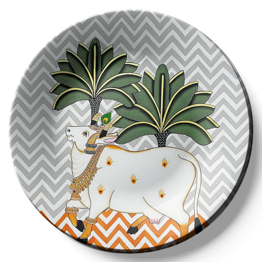 Sacred Cow Grey Pichwai Ceramic Wall Plate Home Décor