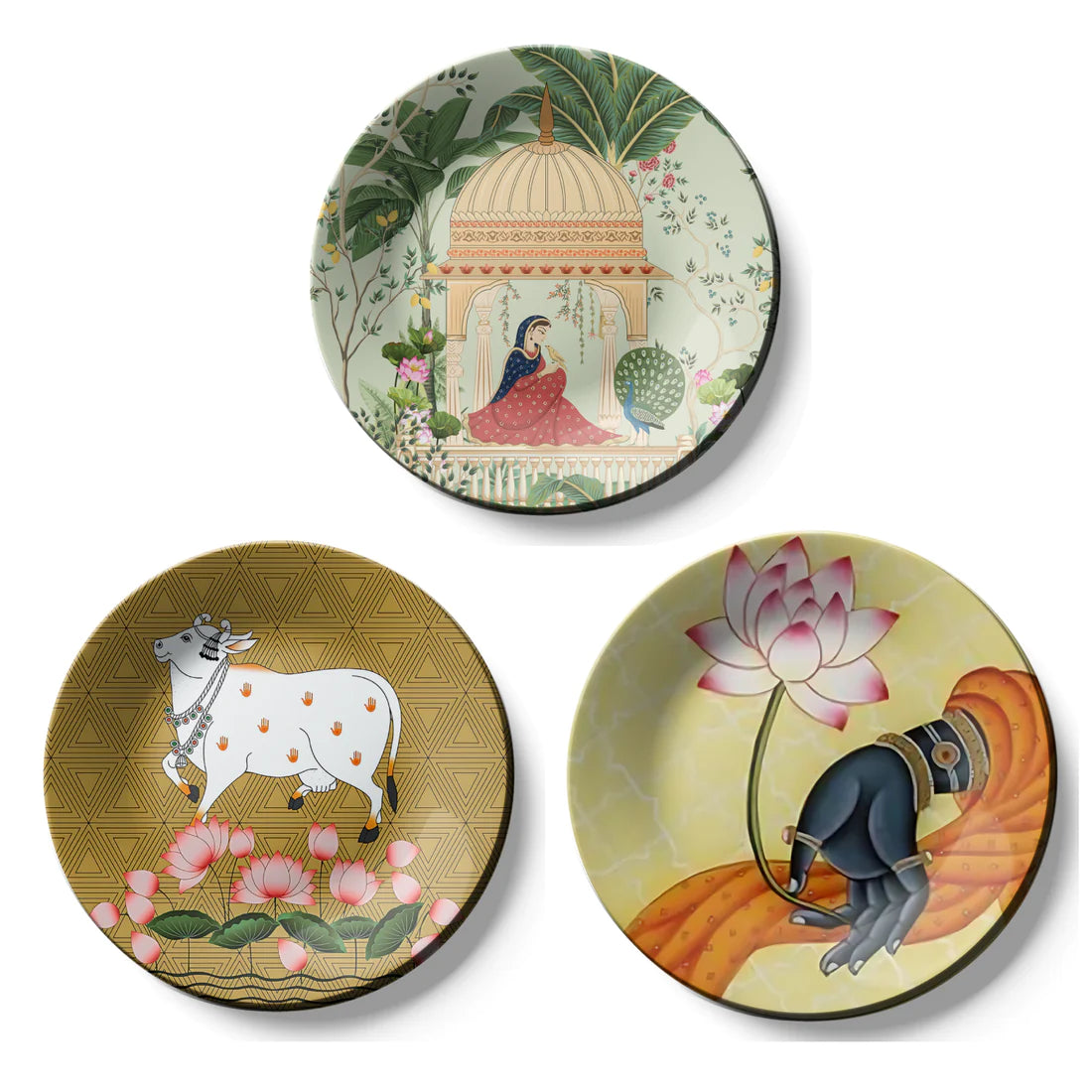 Set of 3 Woman, Cow, and Lotus Wall Plates Décor