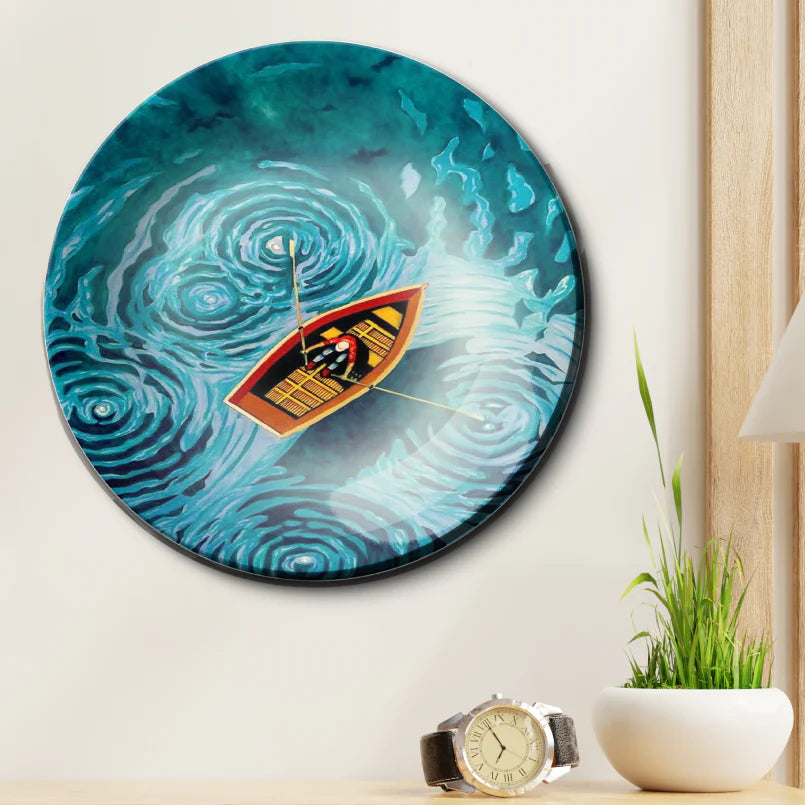 Swirly Lake Boat Ceramic Wall Plate Home Décor