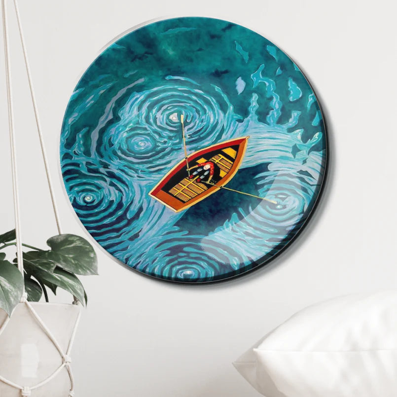 Swirly Lake Boat Ceramic Wall Plate Home Décor