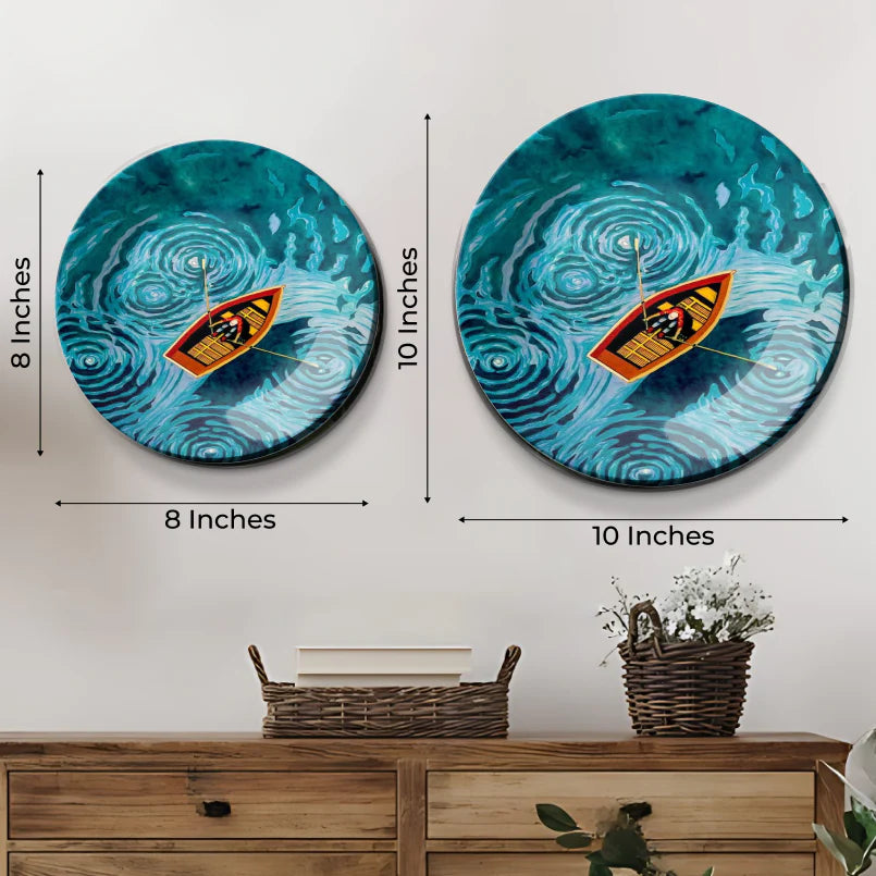 Swirly Lake Boat Ceramic Wall Plate Home Décor