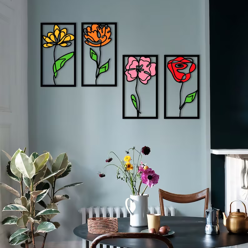 Flowers Colorful Set of 4 Panel Wood Wall Decor