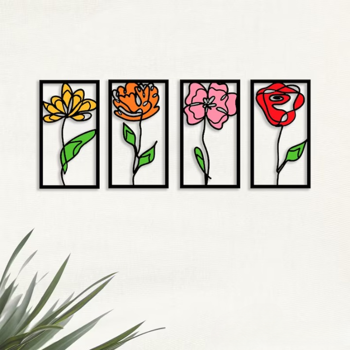 Flowers Colorful Set of 4 Panel Wood Wall Decor