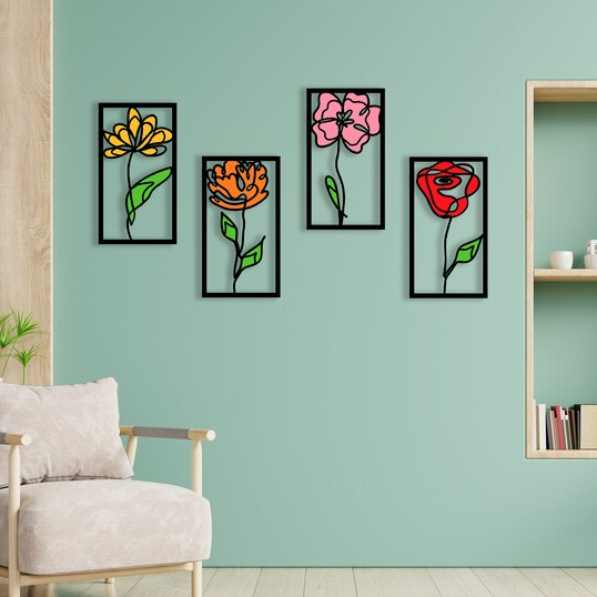 Flowers Colorful Set of 4 Panel Wood Wall Decor