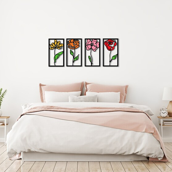 Flowers Colorful Set of 4 Panel Wood Wall Decor