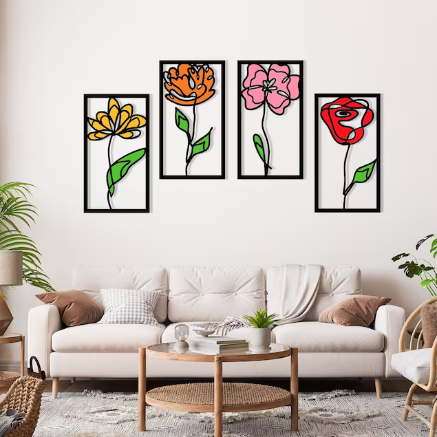 Flowers Colorful Set of 4 Panel Wood Wall Decor