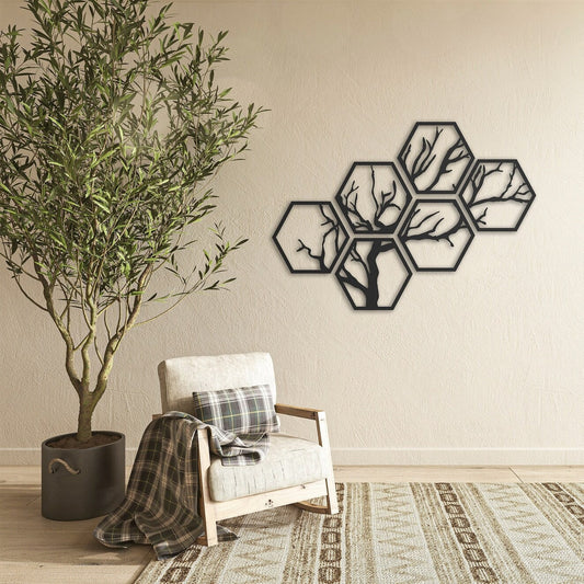 HexaHarmony Hexagon Tree 6-Piece Wood Wall Decor