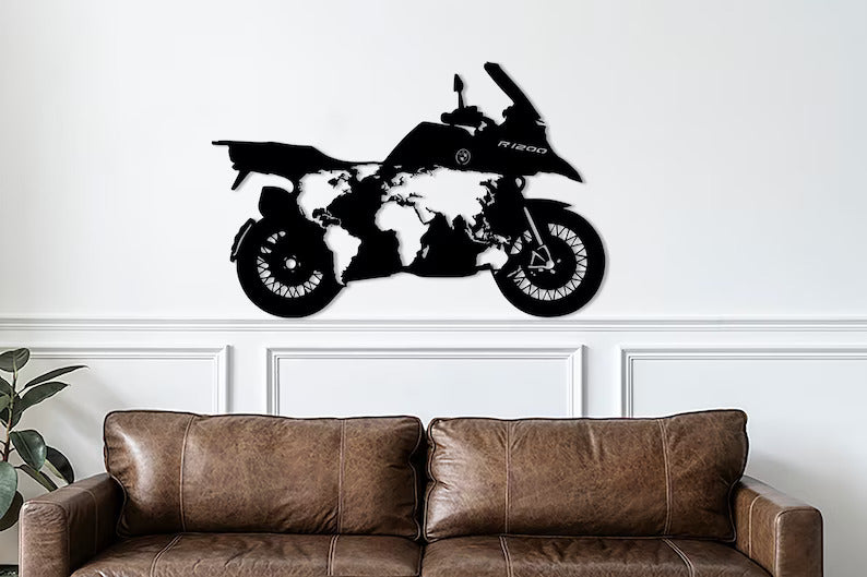 Motorcycle with World Map Wall Decor