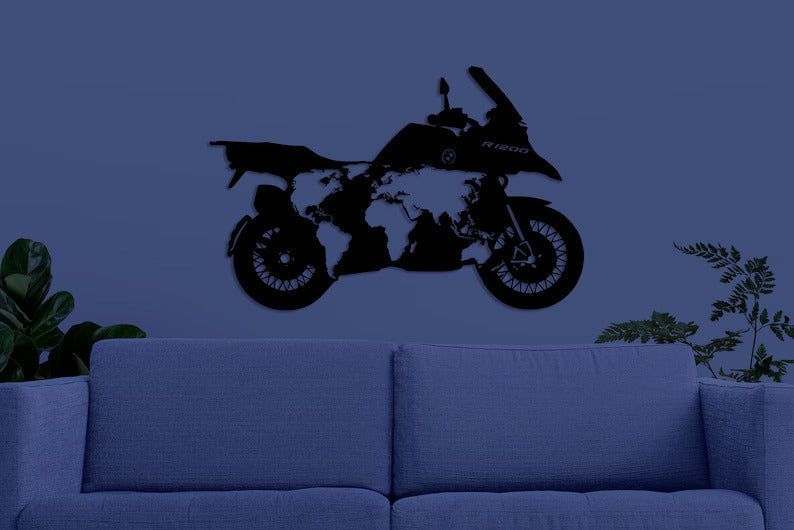 Motorcycle with World Map Wall Decor