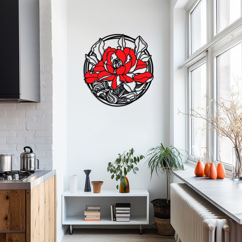 Minimalist Red Rose Trend Line Wood Wall Decor